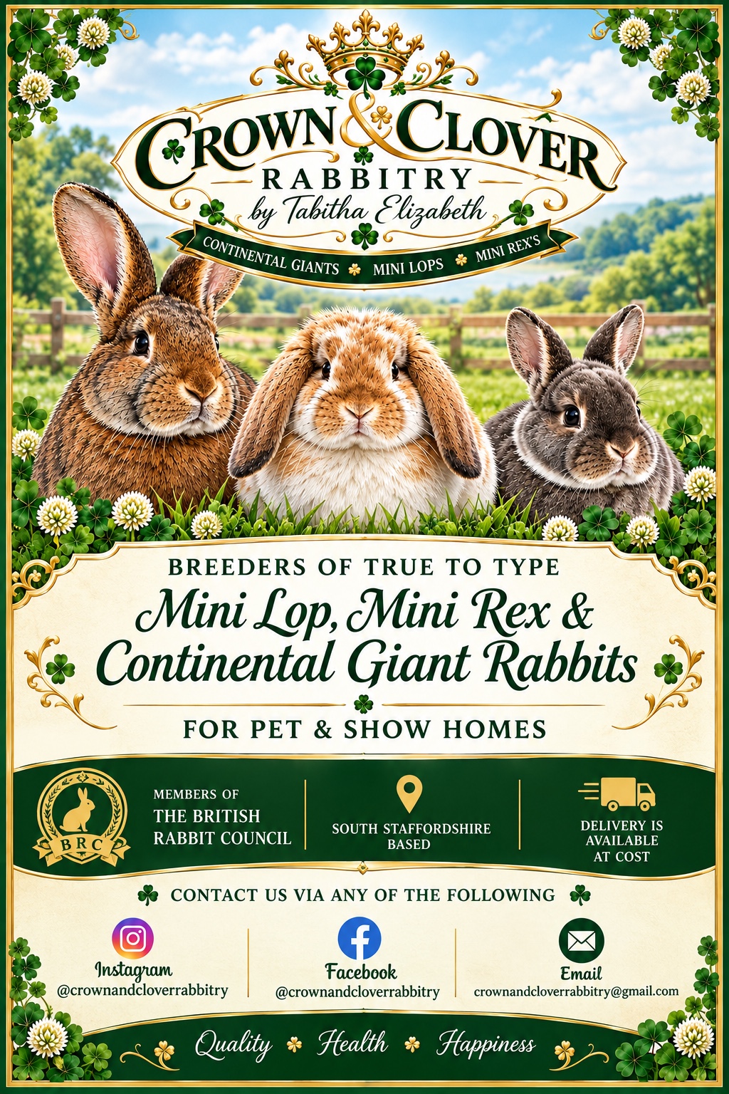 Crown and Clover Rabbitry information flyer with original branding and rabbit illustrations