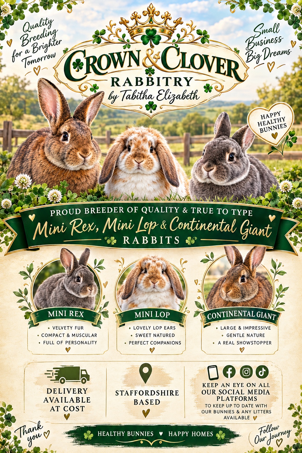 Original Crown and Clover promotional artwork showing Mini Rex, Mini Lop and Continental Giant rabbits