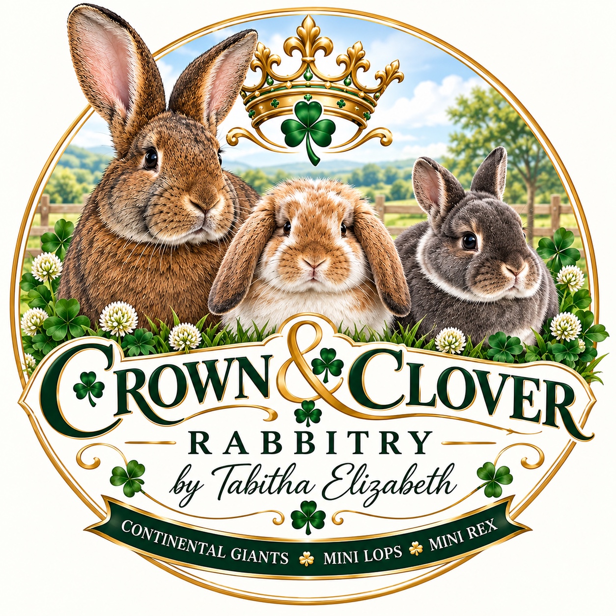 Original Crown and Clover Rabbitry logo with three rabbits, a crown and clover leaves